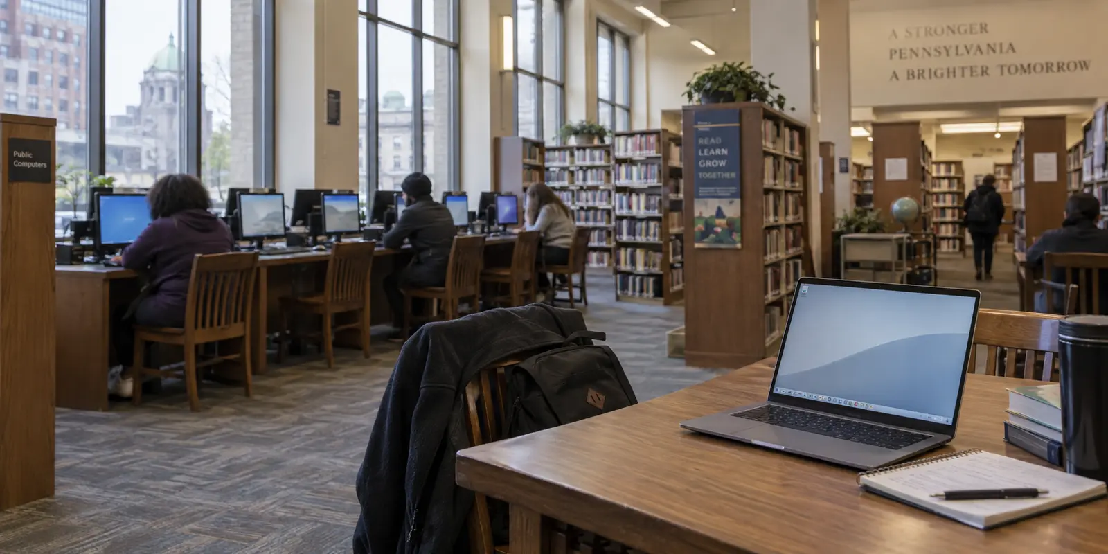 A personal laptop near a row of public computers inside a Pennsylvania library