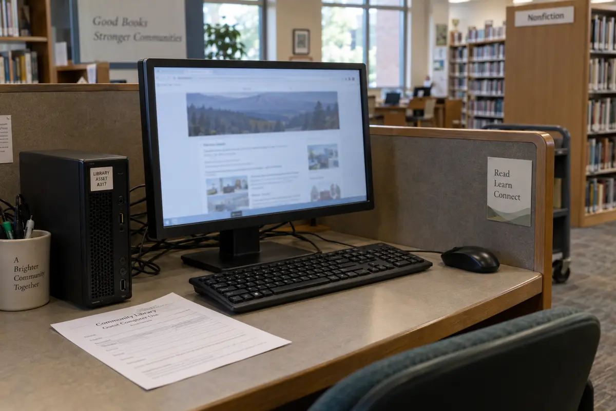 An unattended public-library computer with an open browser and a paper left beside the keyboard