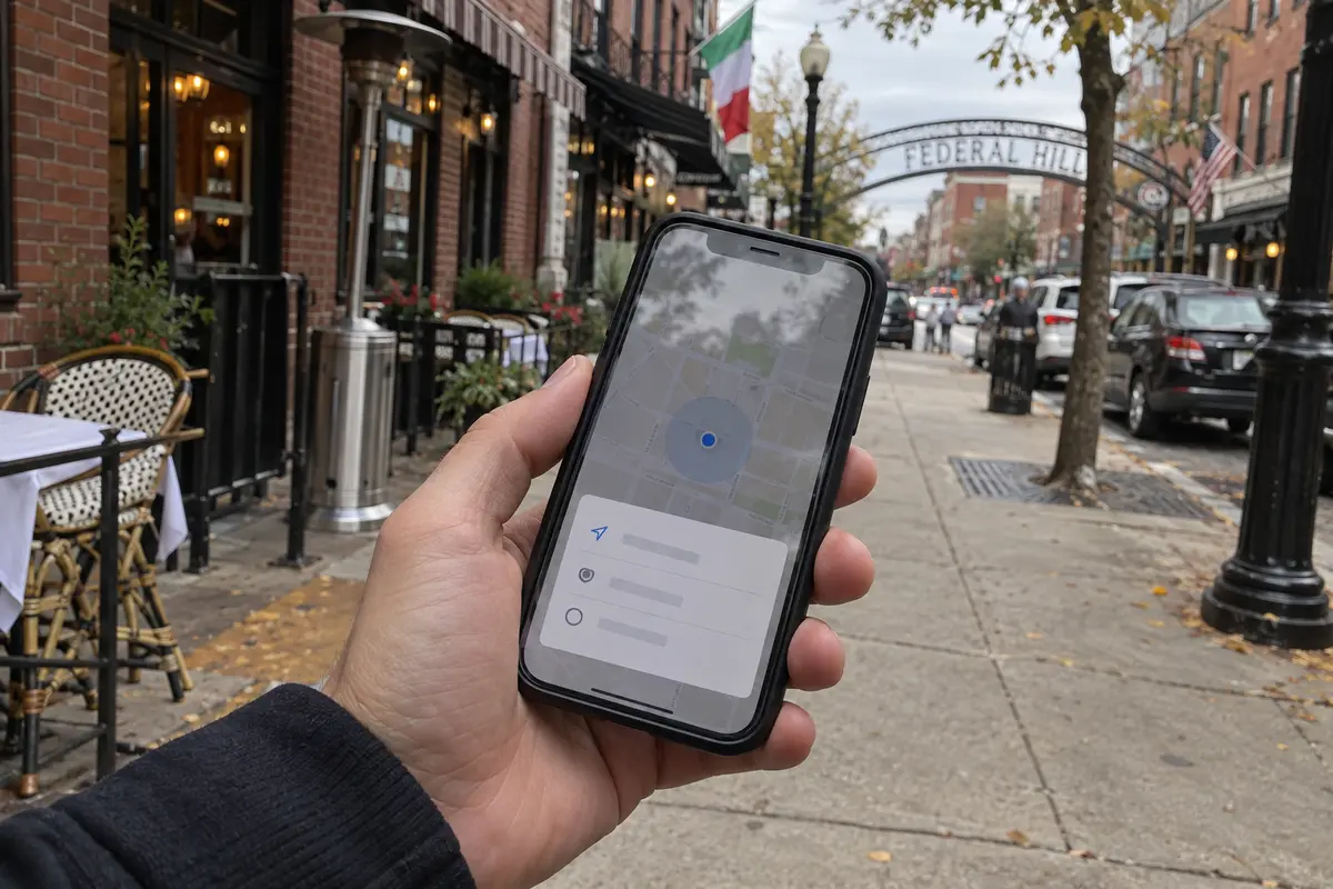 A phone displays precise location controls on Federal Hill in Providence.