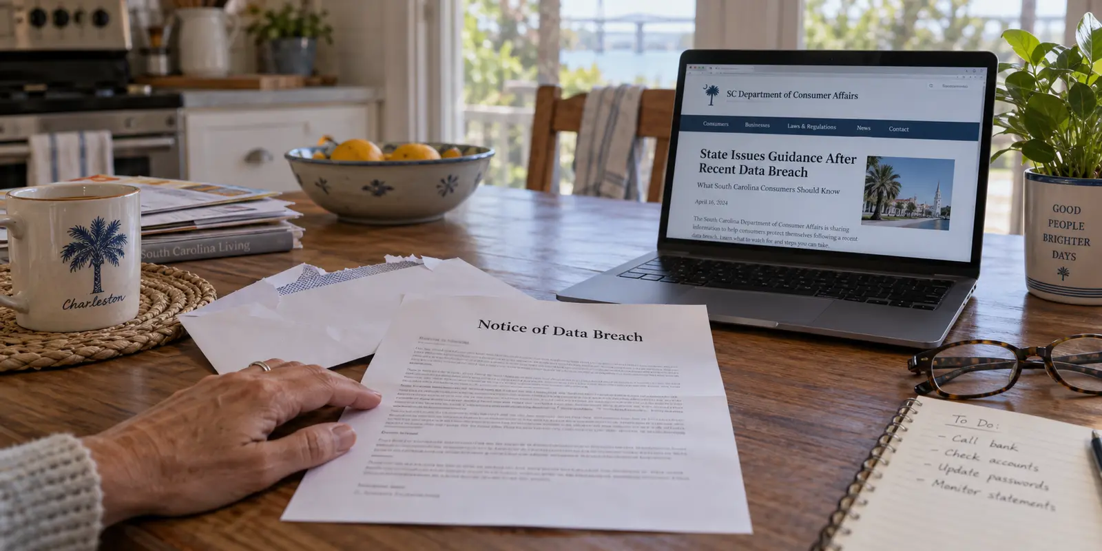 A South Carolina resident reading a mailed data-breach notice beside a consumer-affairs webpage