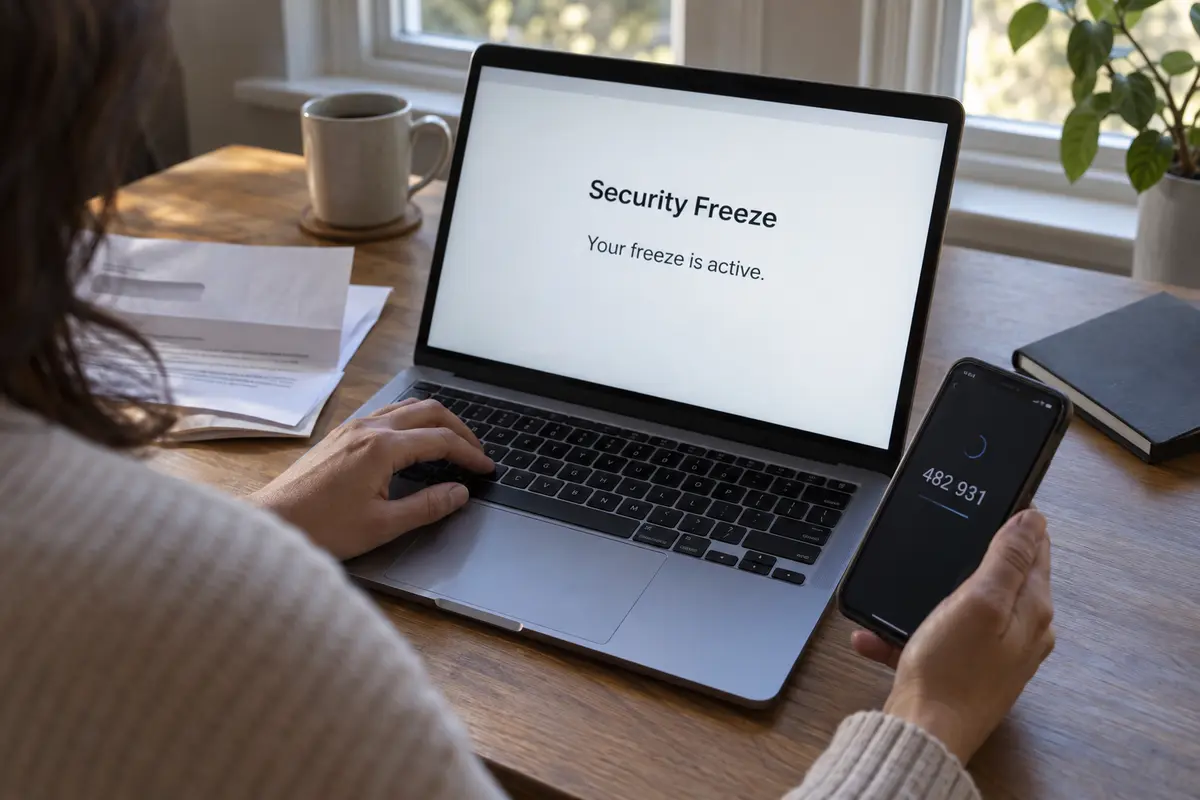 A resident completing a security freeze online and using an authenticator code