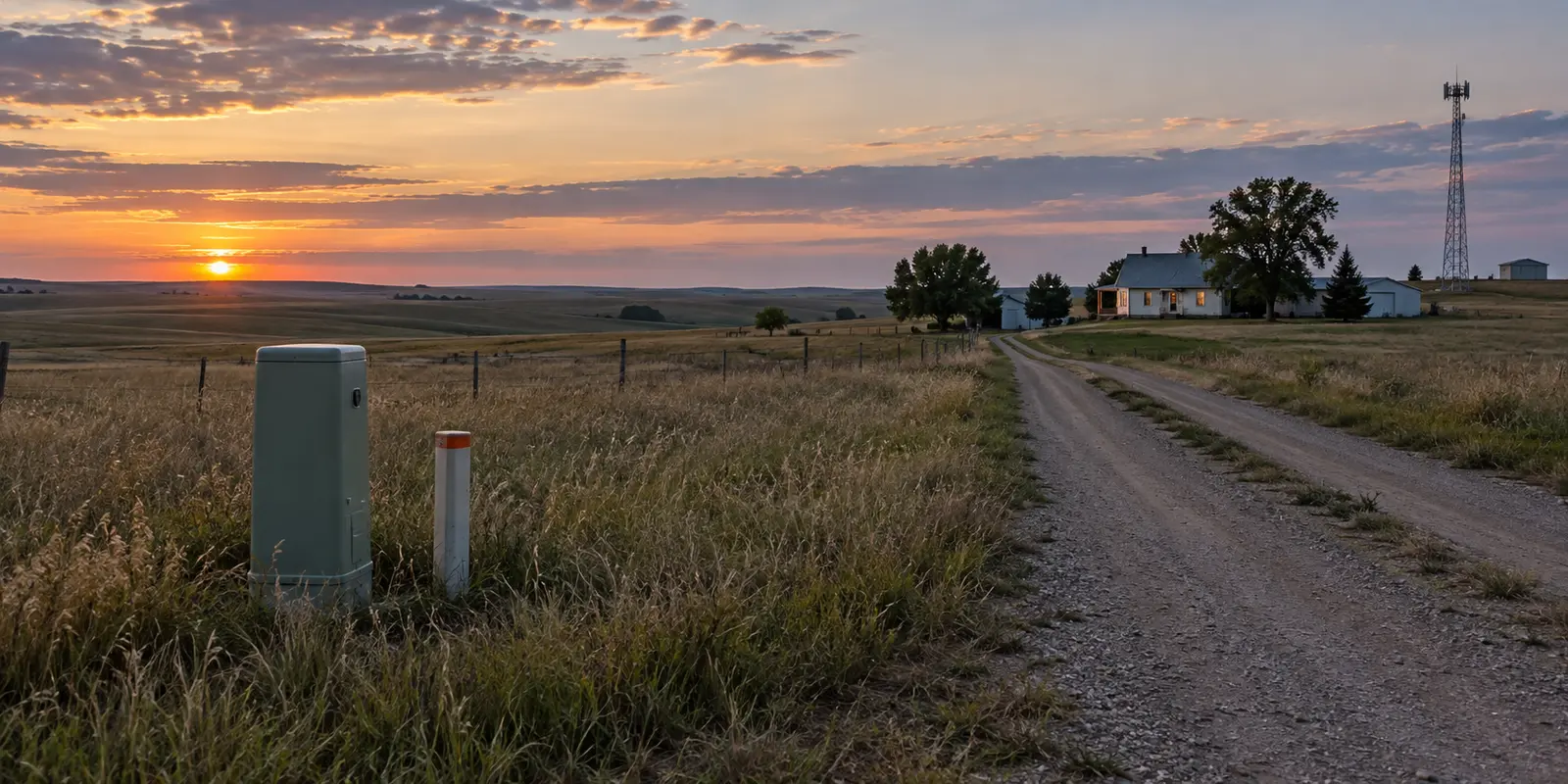 Broadband infrastructure follows a gravel road to a South Dakota farmhouse.