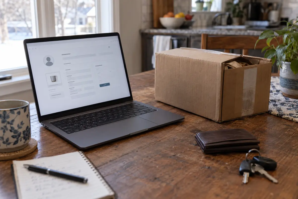 A signed-in shopping account sits beside a delivered parcel and wallet.
