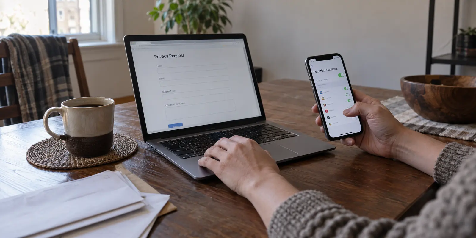 A Tennessee resident using a consumer privacy request form and phone location settings at home