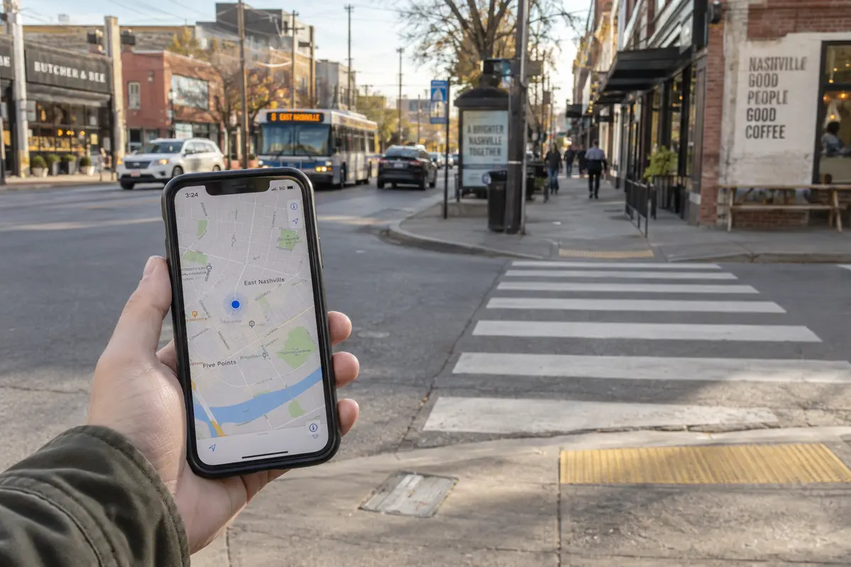 A phone map showing the user’s physical location at a Nashville street corner