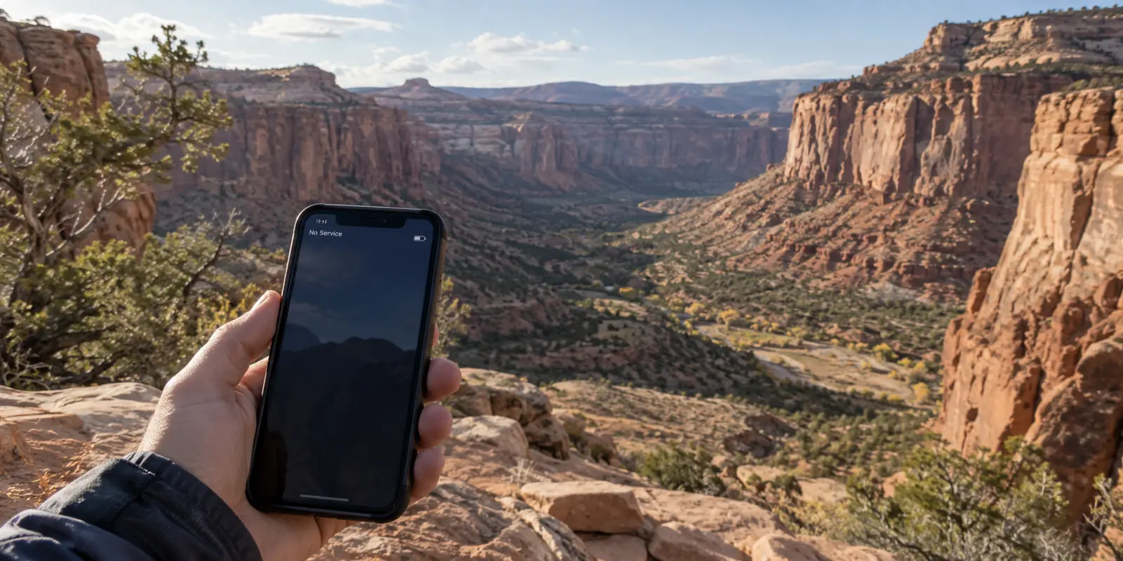 A phone showing no service at a red sandstone canyon overlook in Utah