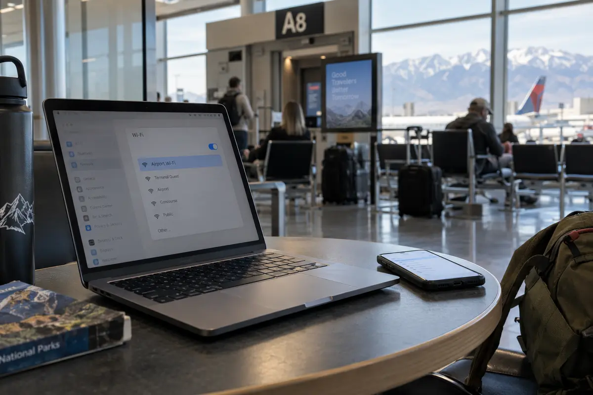 A laptop connected to public Wi-Fi in a Utah airport gate area