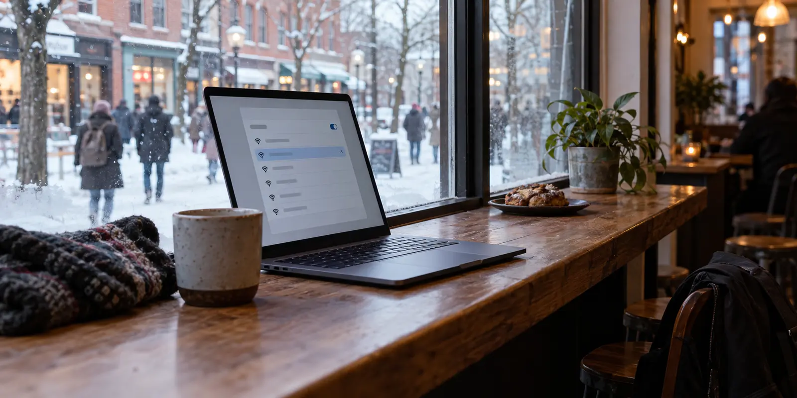 A laptop joins café Wi-Fi beside a snowy Burlington street.