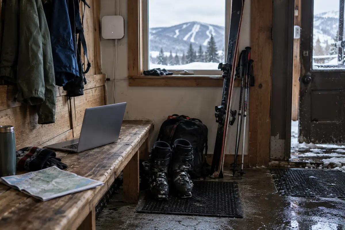 A laptop and shared Wi-Fi access point in a Vermont ski rental.