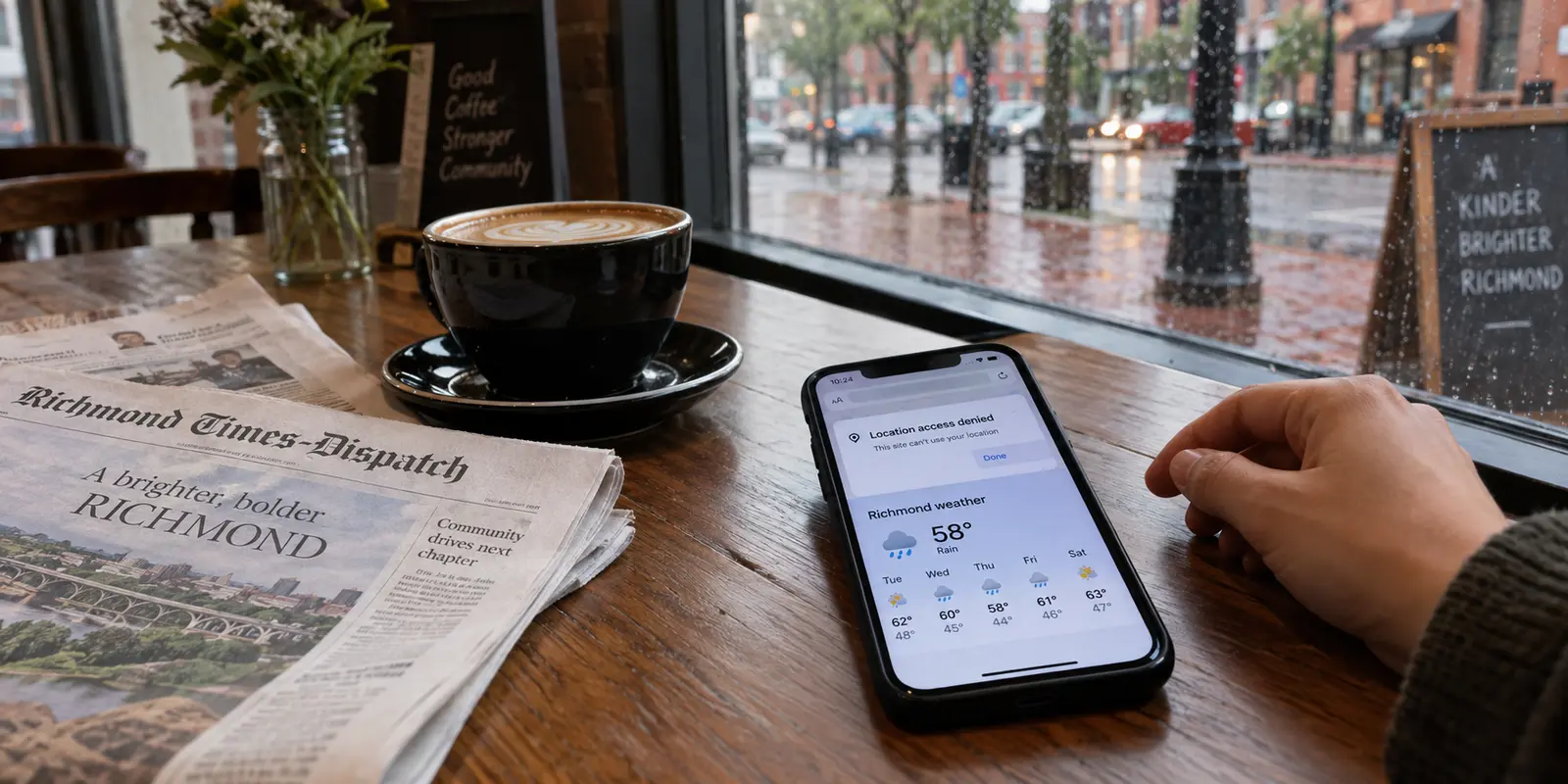 A phone in a Richmond café denying location access while still showing Richmond weather