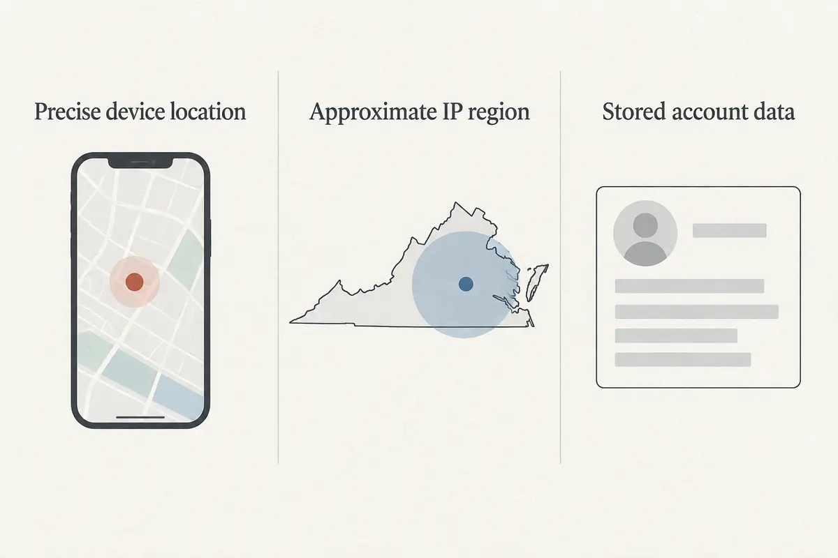 A diagram comparing precise device location, approximate IP region, and stored account data