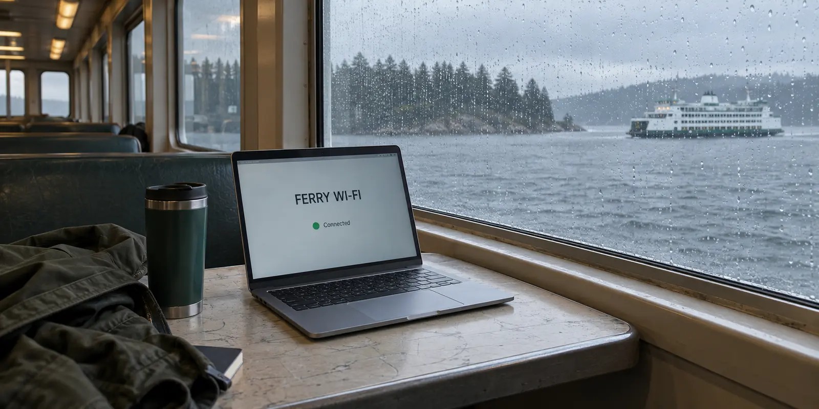 A commuter uses shared ferry Wi-Fi while crossing Puget Sound.