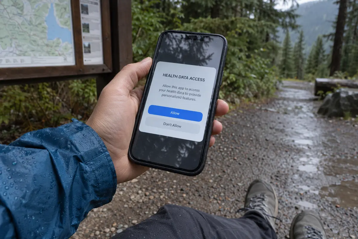 A fitness app requests access to health data at a Washington trailhead.