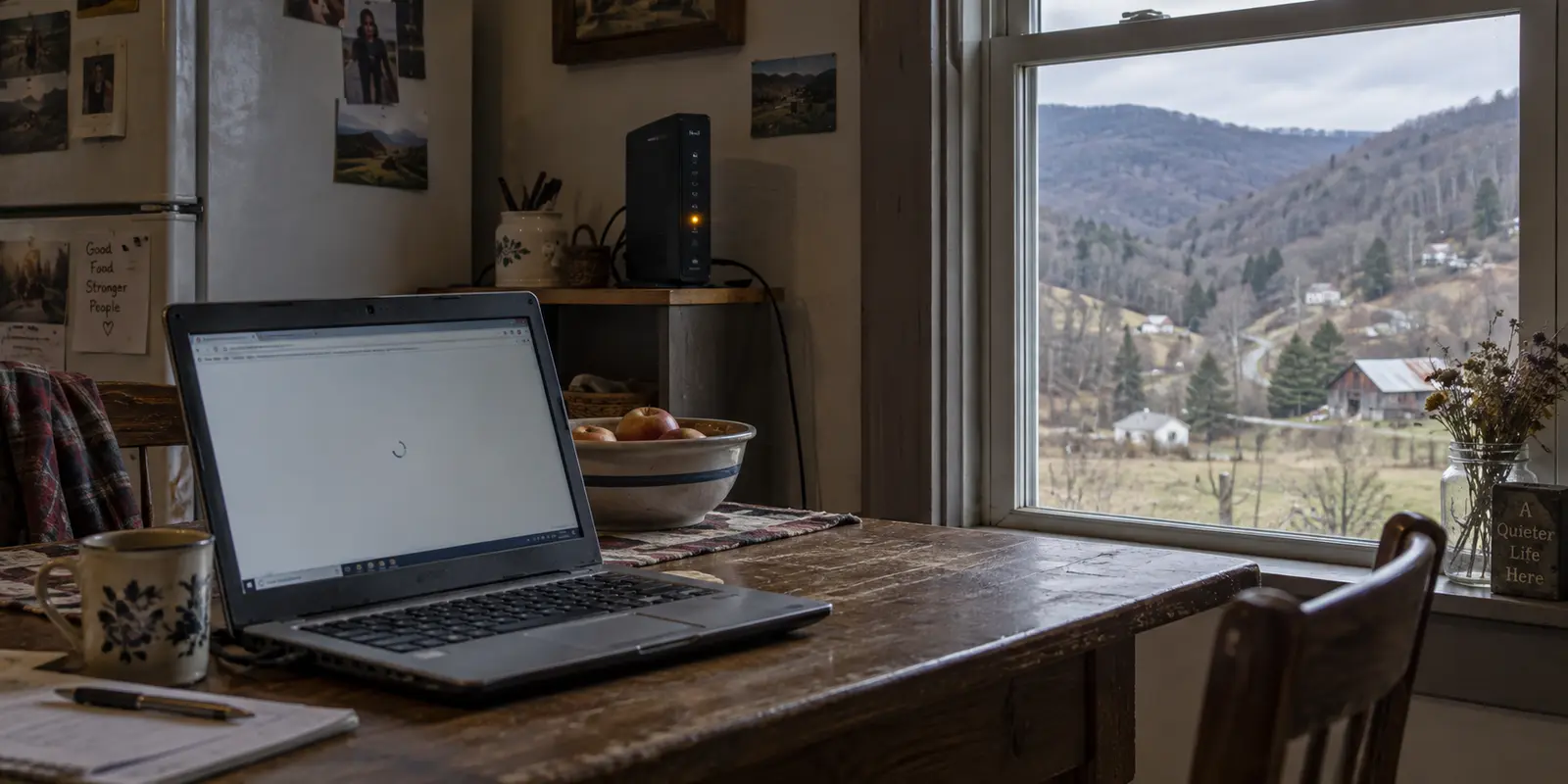 A stalled laptop and amber broadband modem in a rural West Virginia kitchen