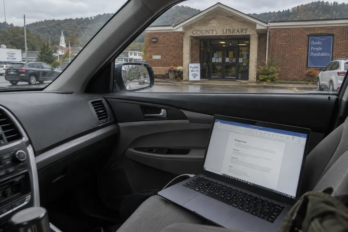 A laptop using public Wi-Fi from a car parked outside a West Virginia county library