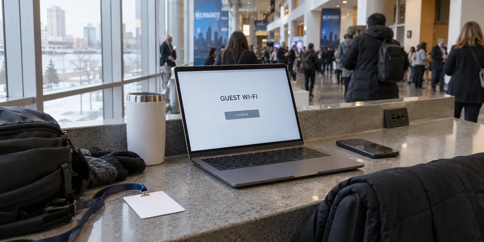 A work laptop reaches a guest Wi-Fi portal at a Milwaukee convention center.