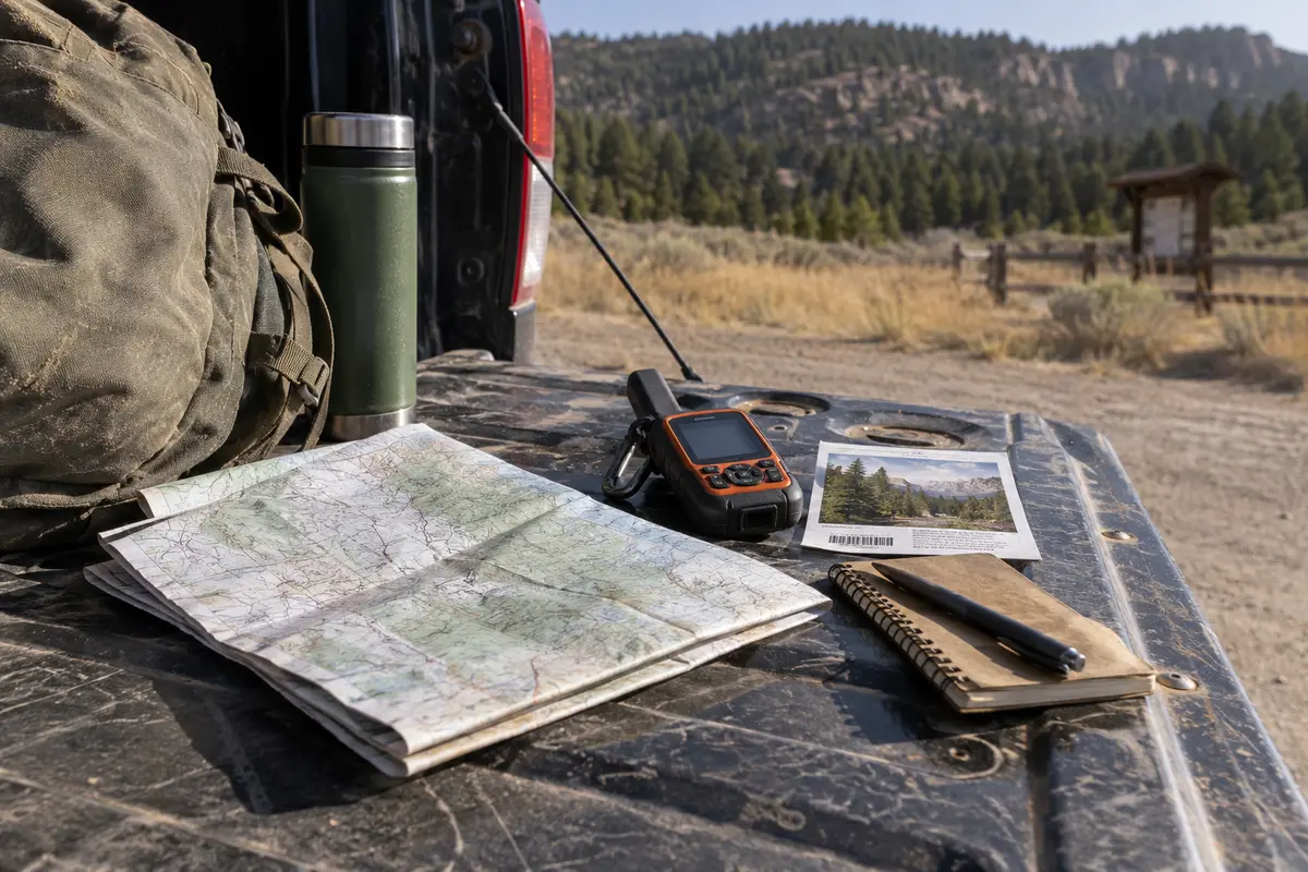 A paper map, satellite communicator and park documents prepared on a pickup tailgate in Wyoming
