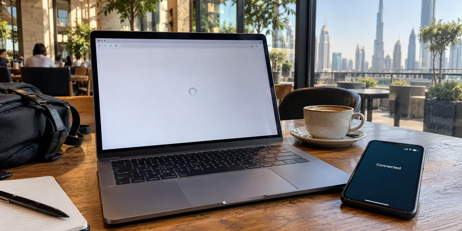 A laptop browser stalled in a Dubai café while a nearby phone says Connected