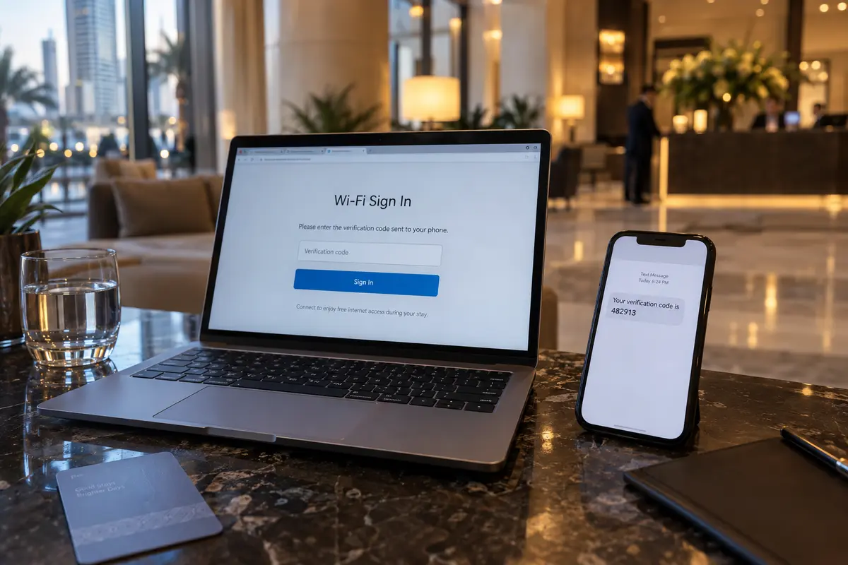 A Dubai hotel Wi-Fi sign-in page beside a phone showing a verification code