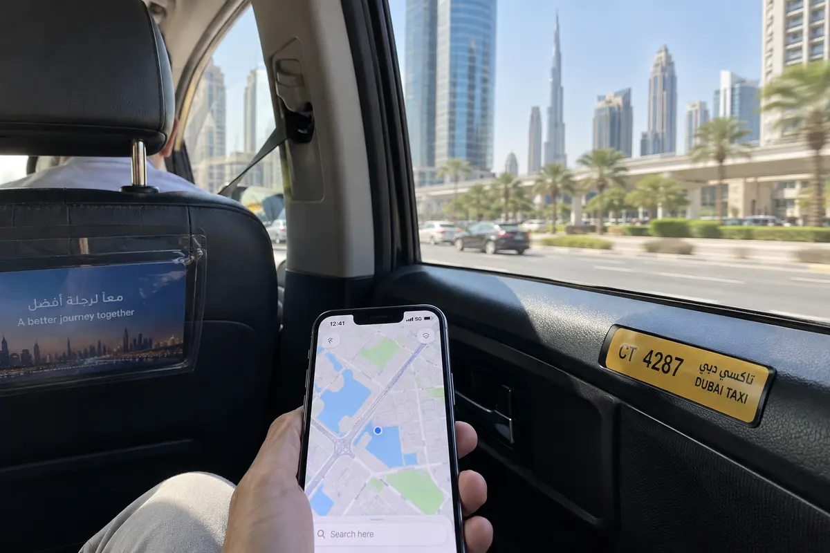 A traveler uses mobile data for navigation from the back seat of a Dubai taxi