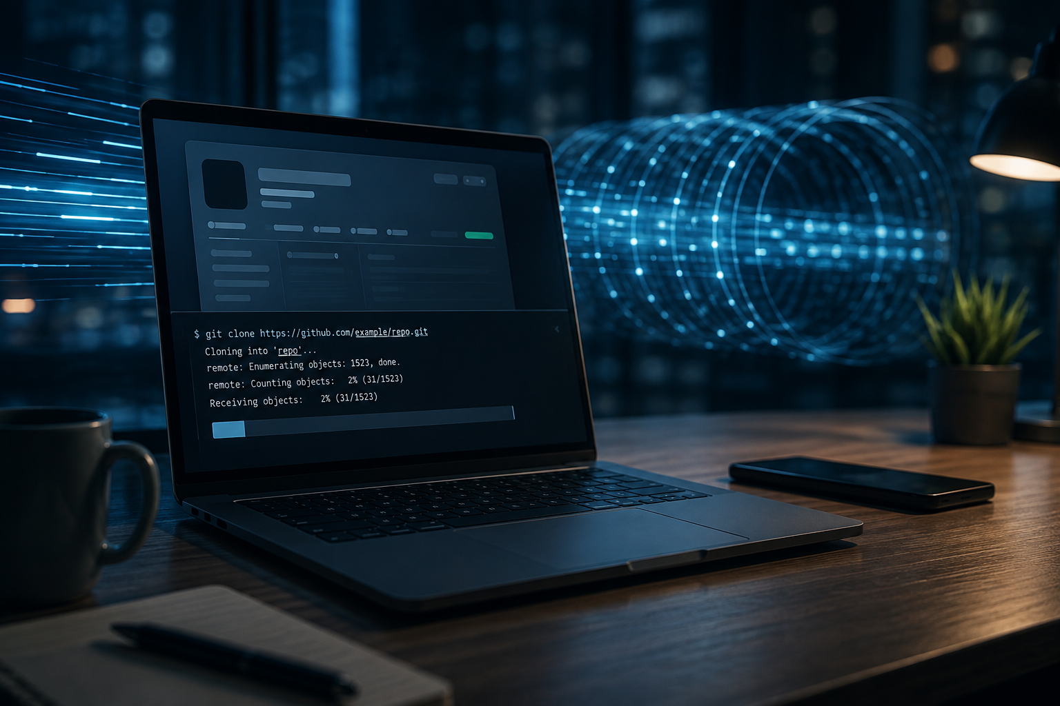 Slow clone progress on a laptop with a glowing network tunnel behind it