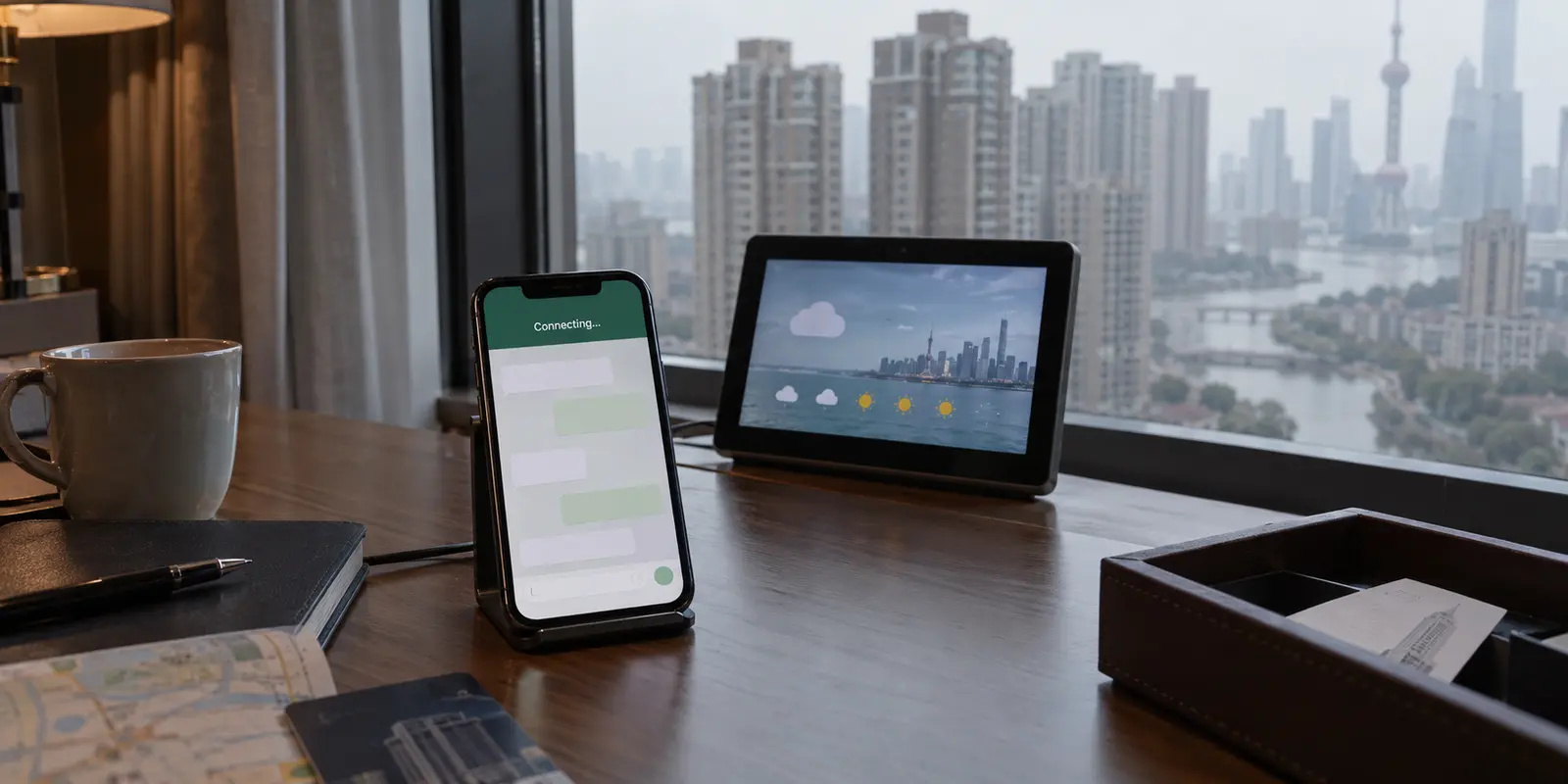 A messaging app remains stuck on Connecting in a Shanghai hotel while local services load.