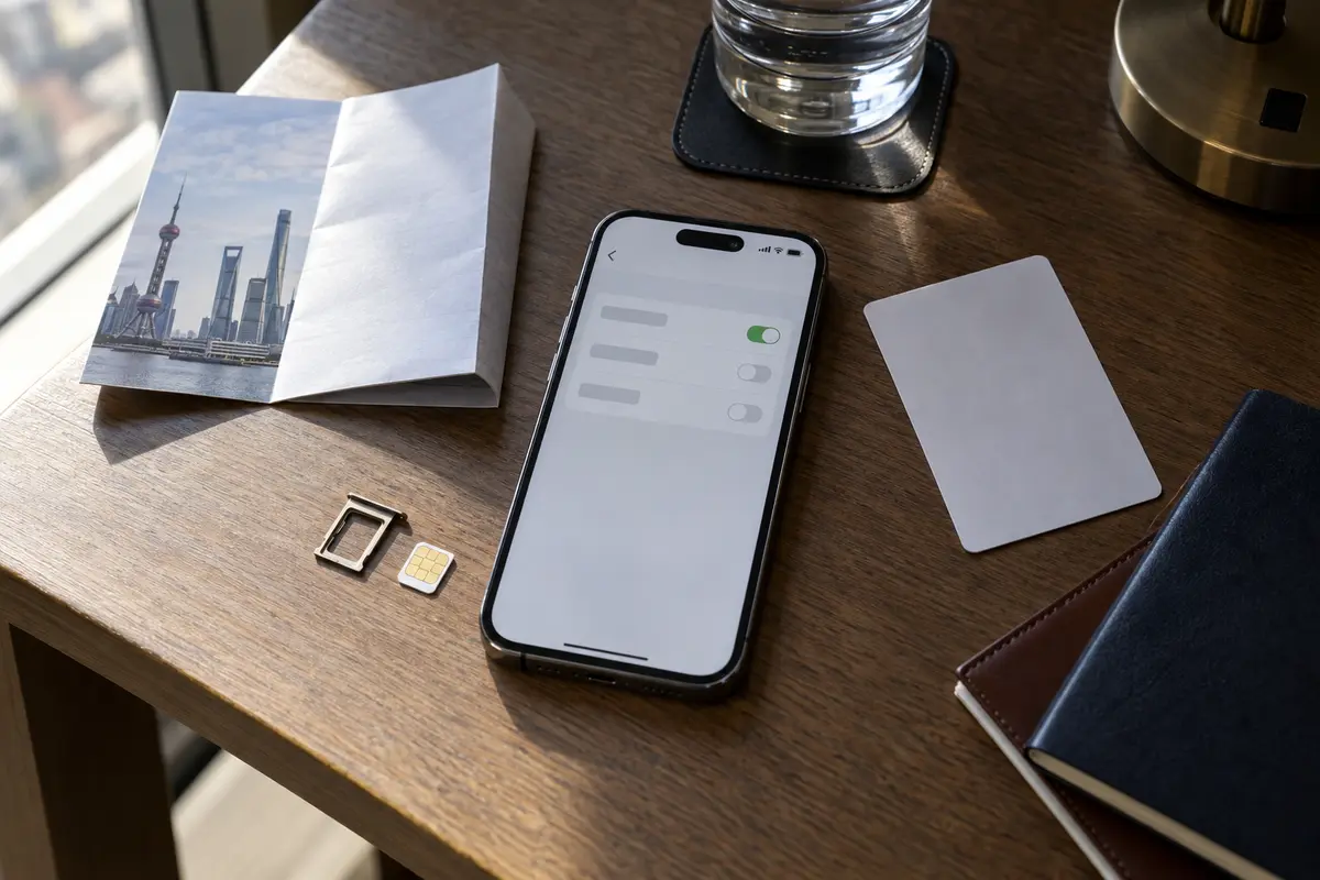 A traveler compares active cellular plans with a physical SIM and an eSIM card.