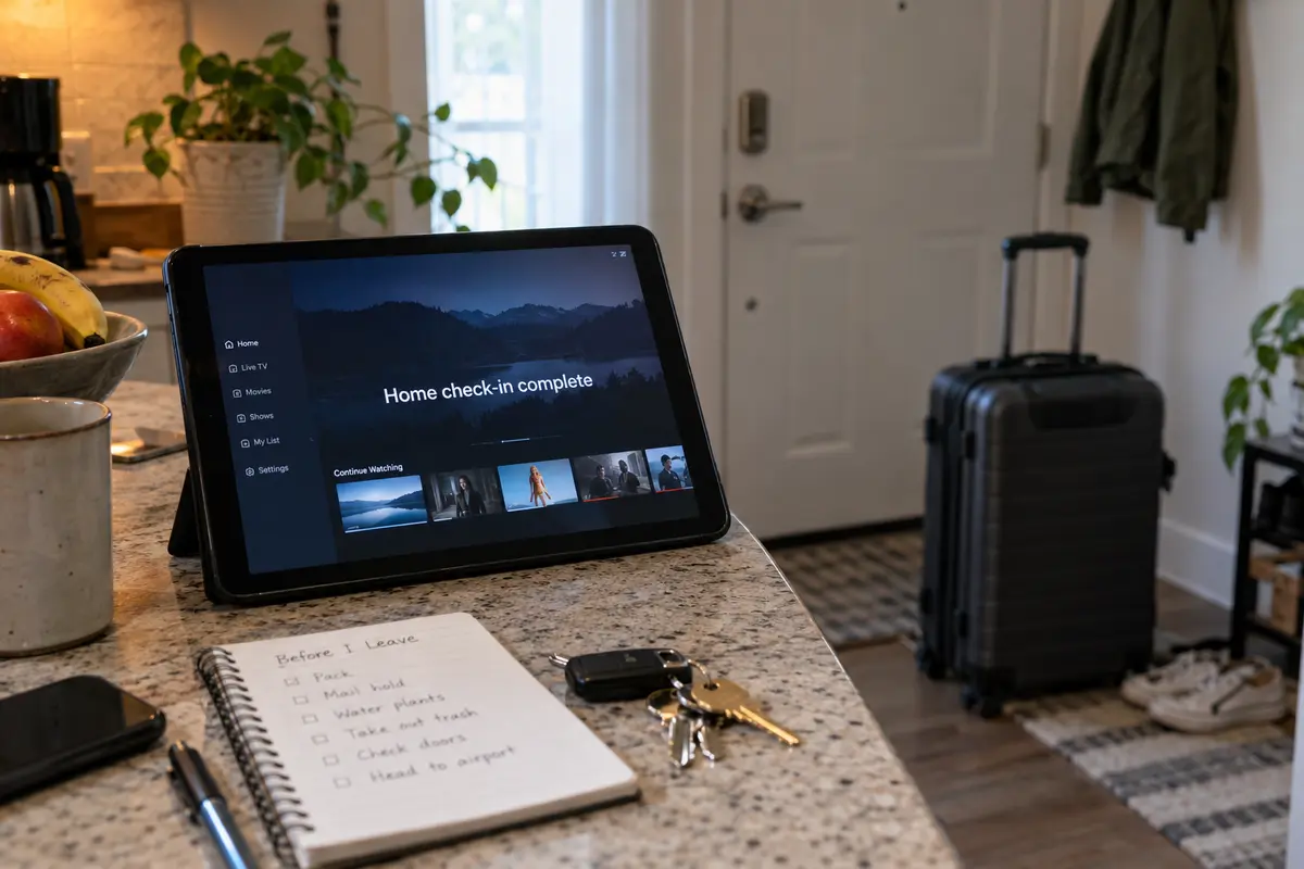 A tablet confirms a Home-network check-in beside packed luggage before a trip