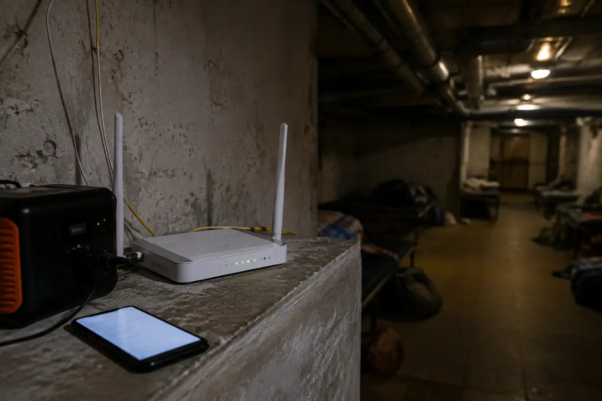 Travel desk with router and phone during troubleshooting