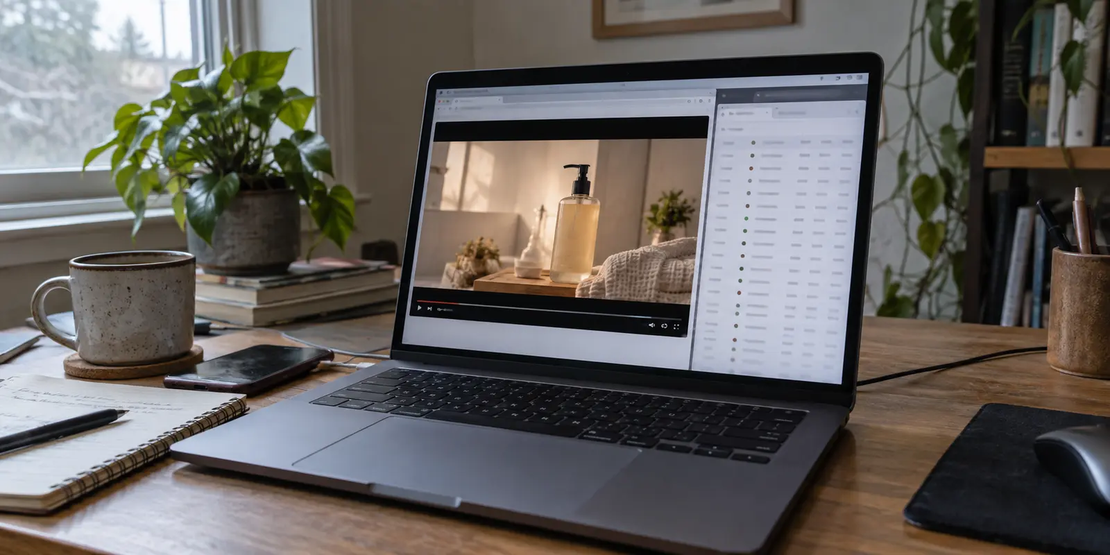 A home laptop plays a video advertisement beside an active DNS query log.