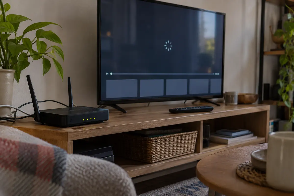 A home video player buffers beside the Wi-Fi router after shared delivery traffic is blocked.