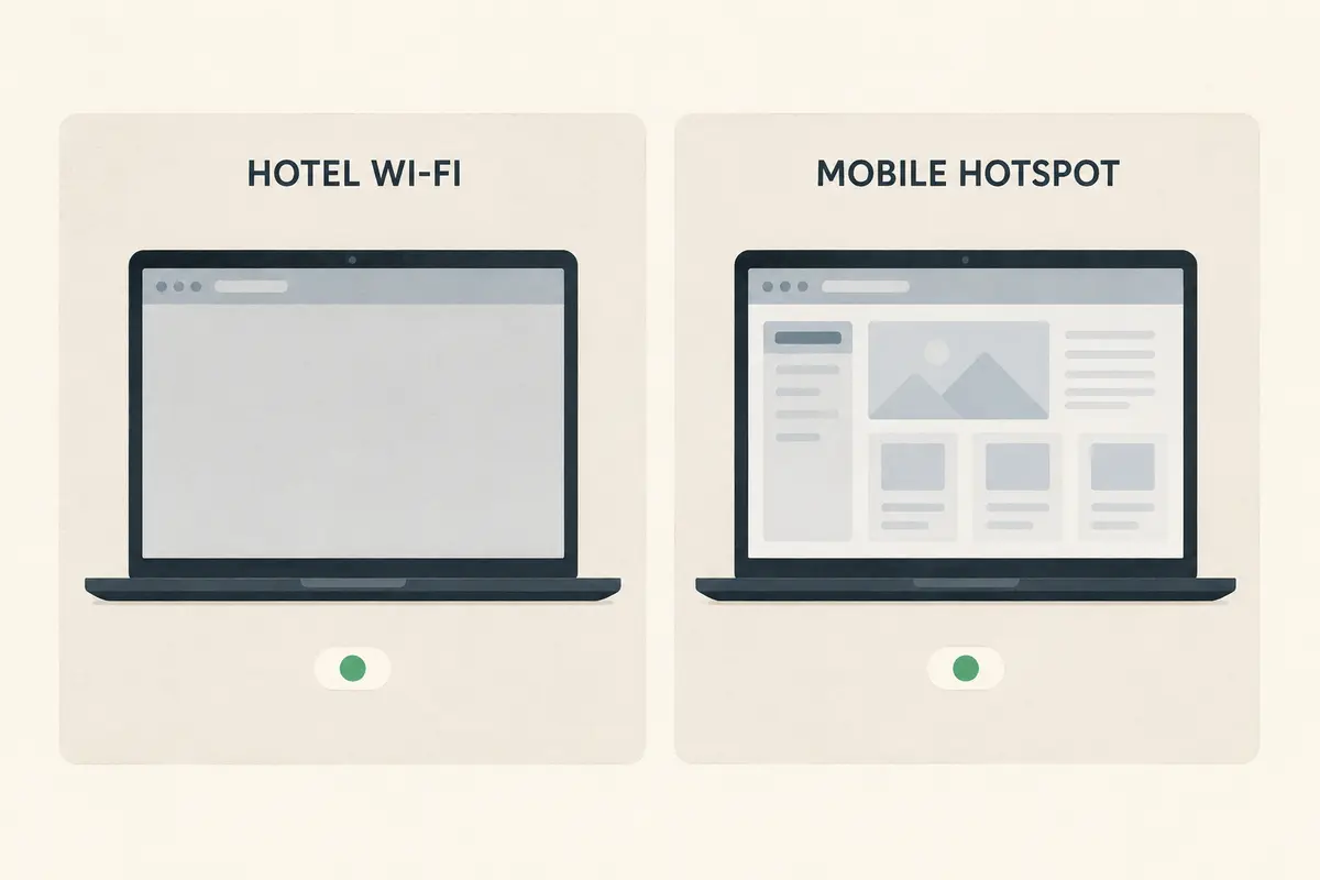 Comparison of a stalled client workspace on hotel Wi-Fi and a partially loaded workspace on a mobile hotspot