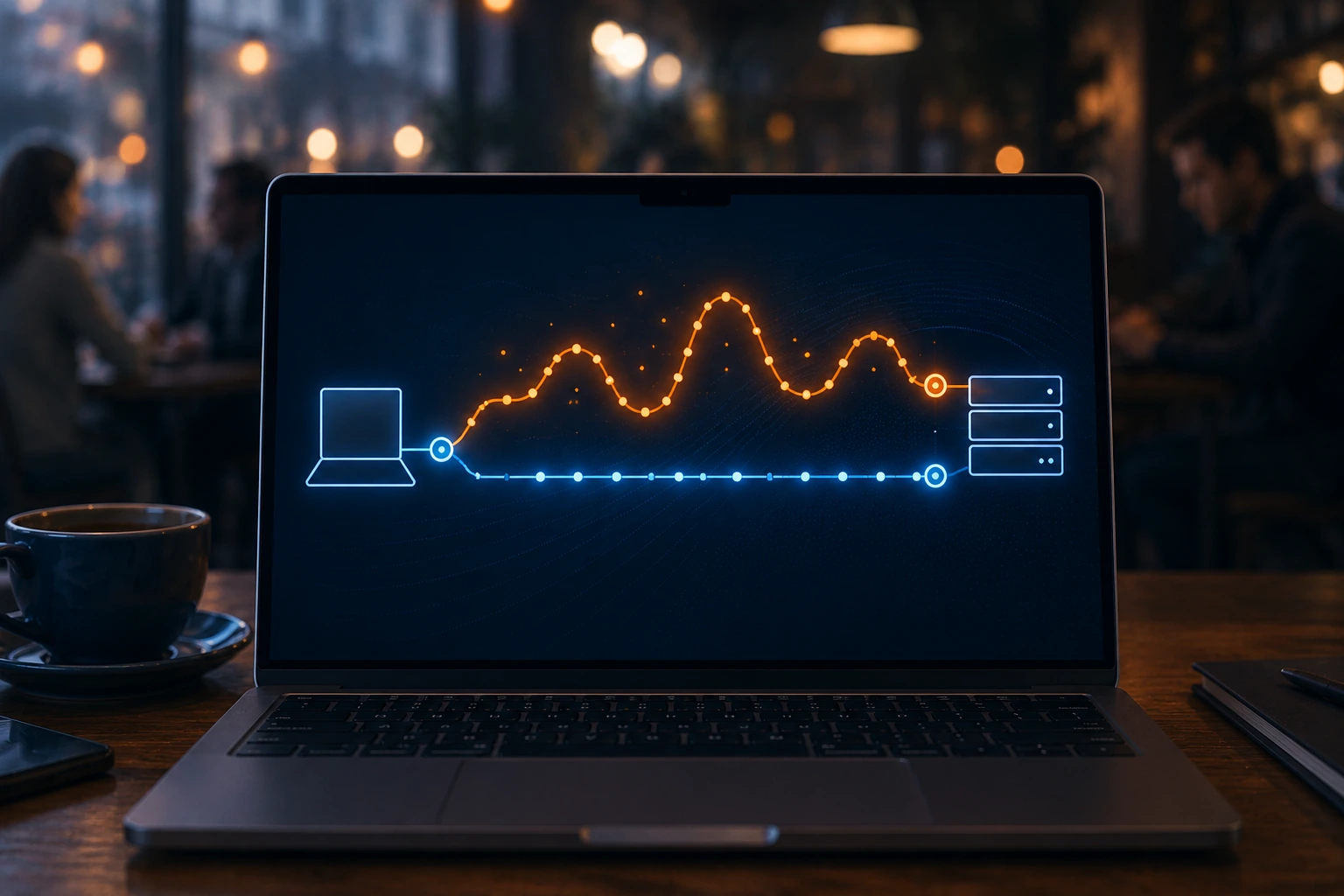 Laptop screen showing stable and unstable network paths in contrast