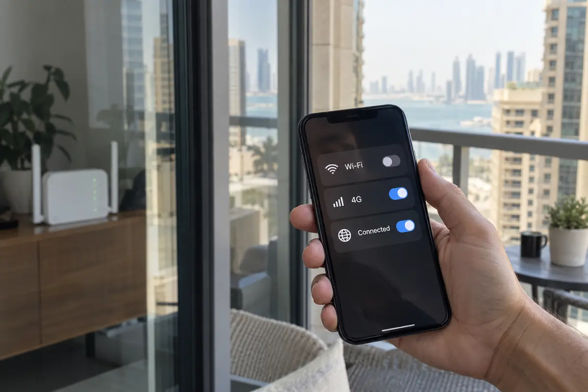 A phone in Doha connecting successfully after switching from home Wi-Fi to mobile data