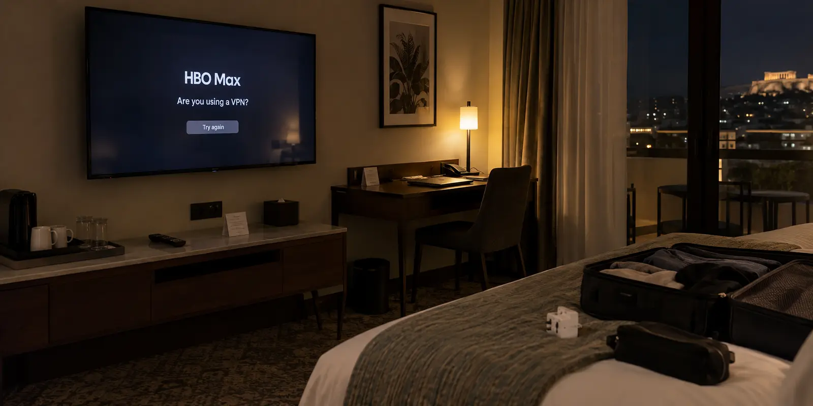 An HBO Max VPN warning on a hotel television during a trip