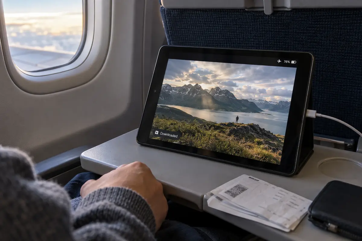 A downloaded show playing on a tablet in Airplane Mode during a flight