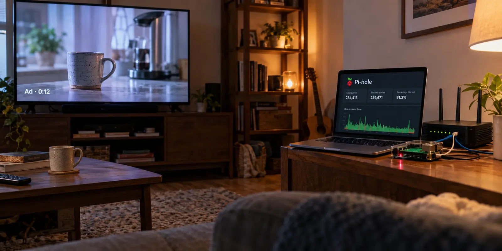 A YouTube ad playing on a smart TV while a healthy Pi-hole dashboard blocks other queries