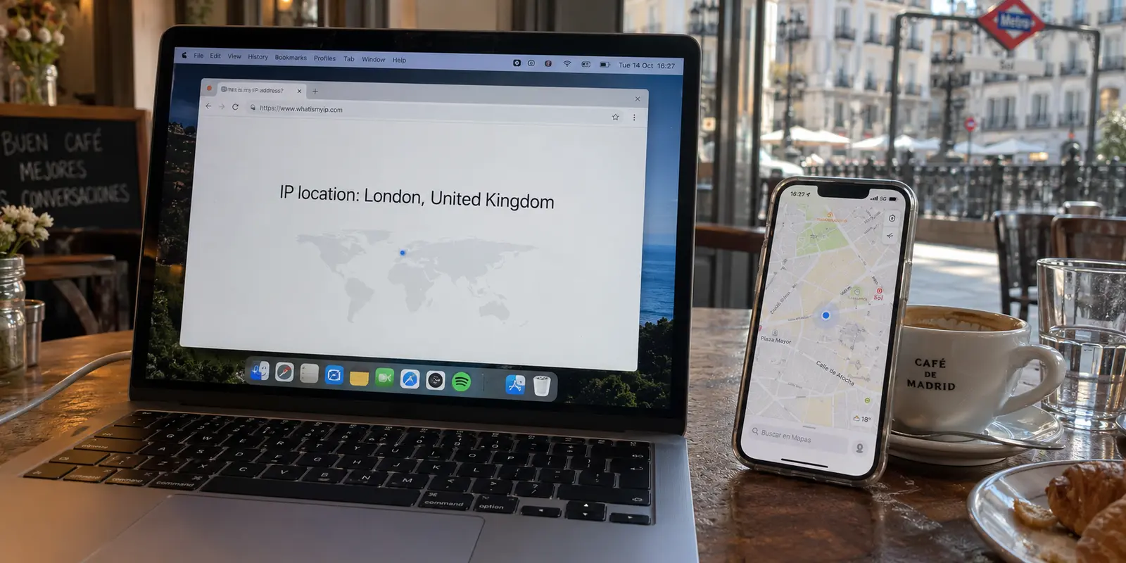 A Mac showing a London IP while an iPhone map still places the device in Madrid