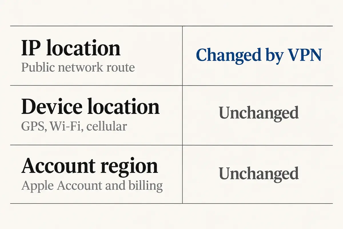 A comparison of IP location, device location, and Apple Account region