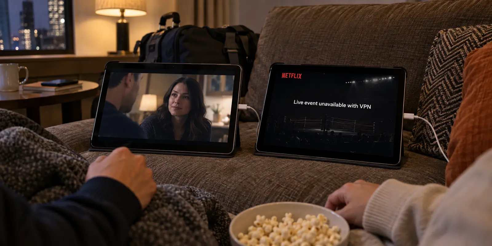 Two tablets on the same hotel Wi-Fi, with on-demand video working and a live event blocked over VPN