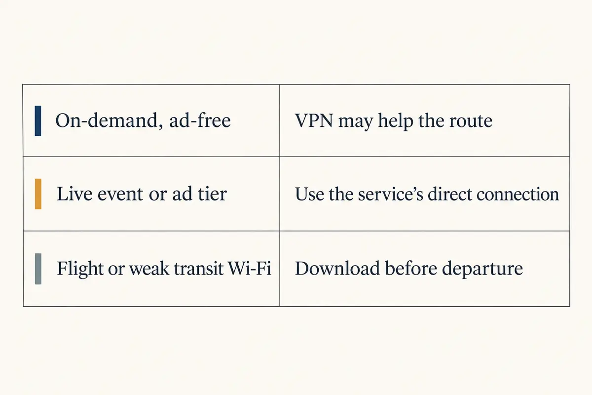 A decision table matching on-demand, live, and transit viewing to the appropriate connection choice