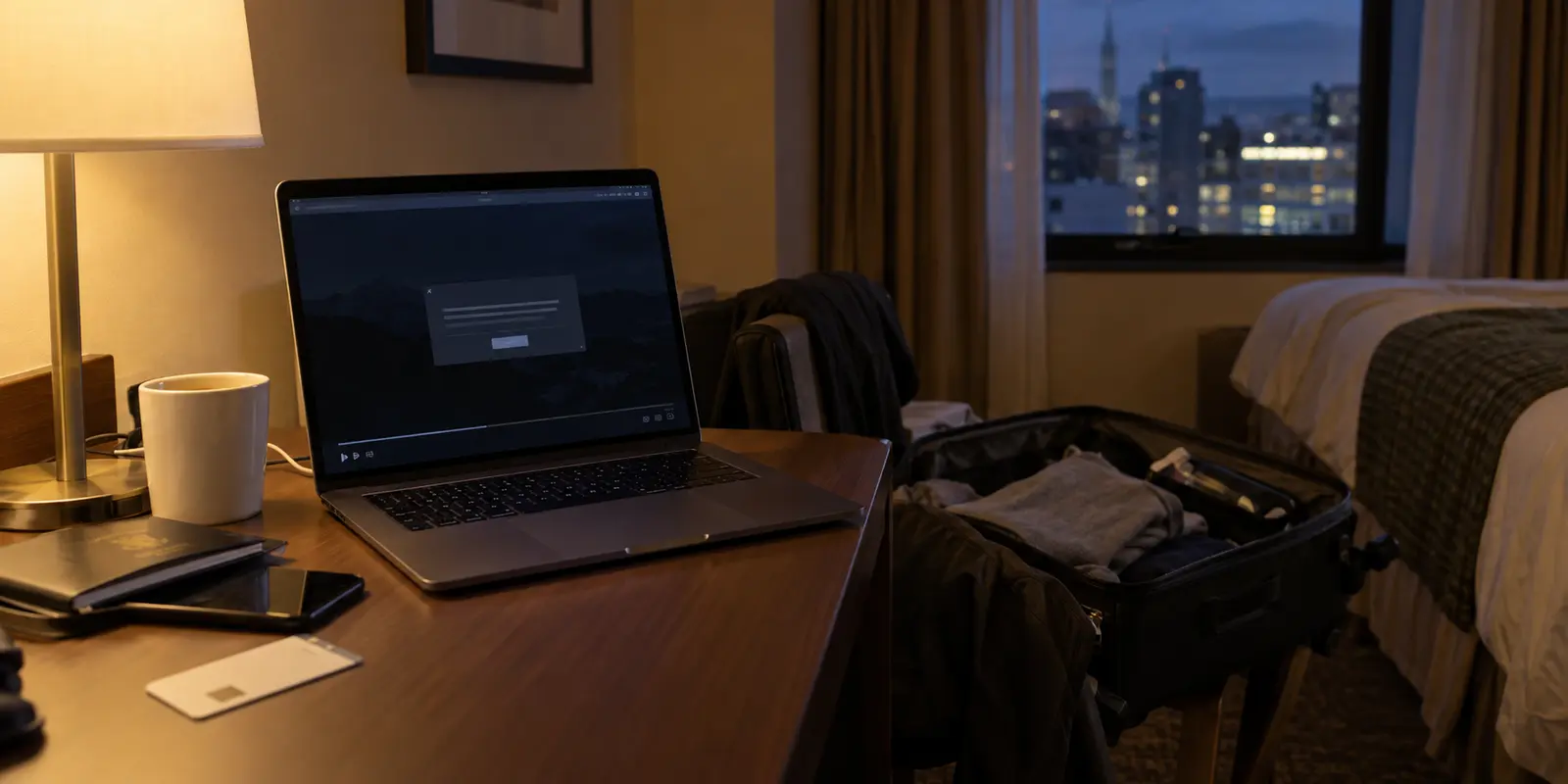 A laptop showing a stalled streaming player in a hotel room beside an open suitcase