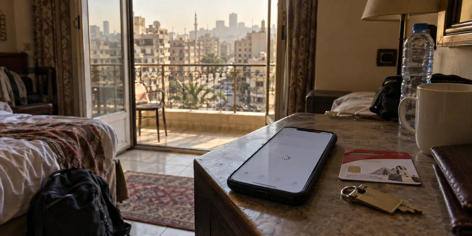 A phone stuck loading on a Cairo hotel connection with the city visible beyond the balcony