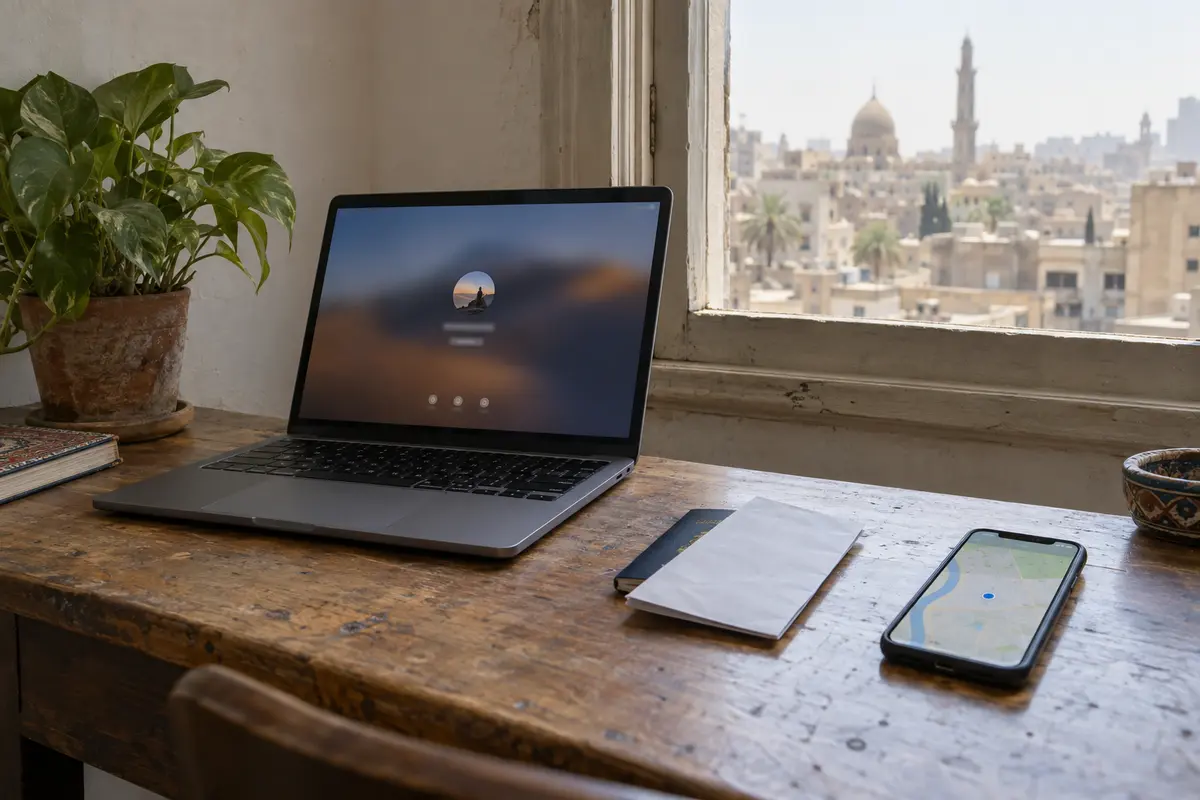 A signed-in laptop, covered passport and phone location marker on a Cairo desk
