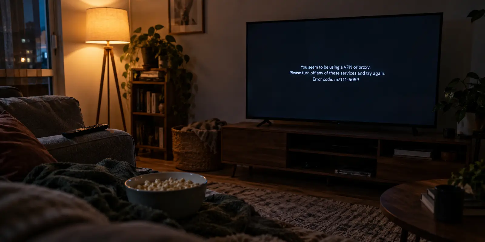 A television showing a VPN or proxy playback error during movie night