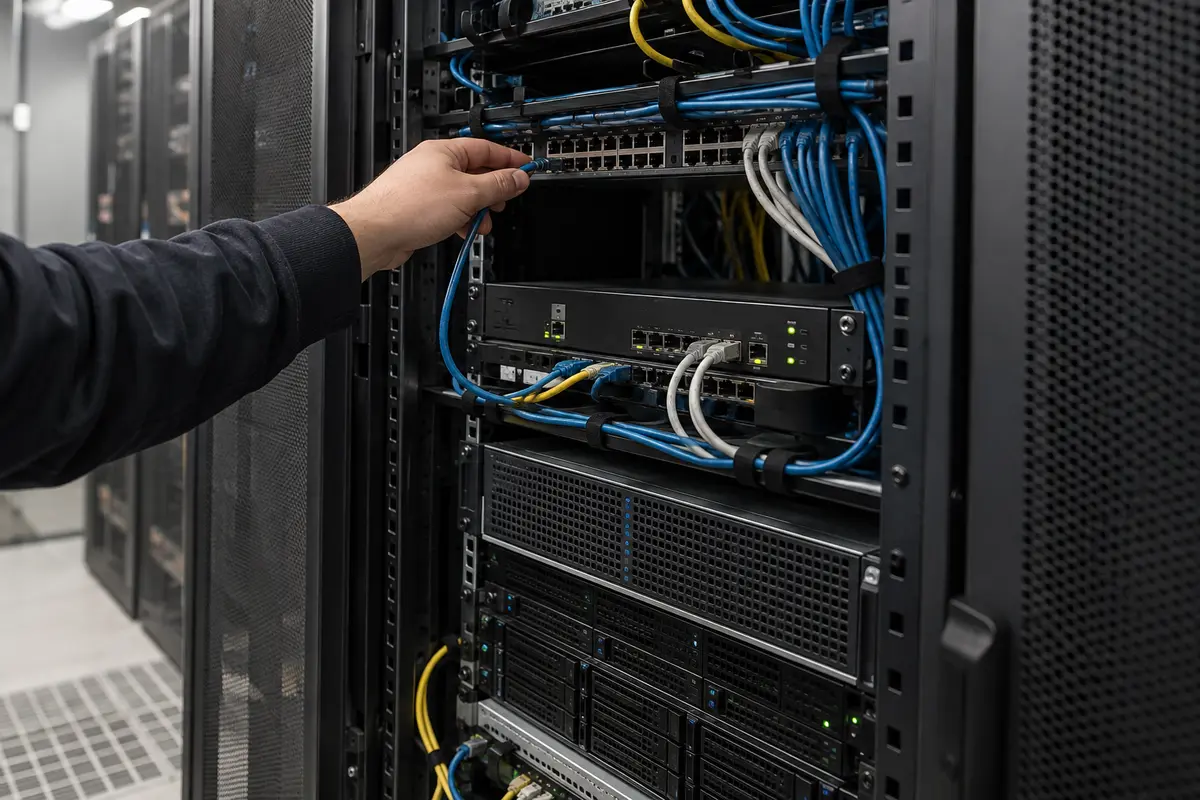 A technician tracing an Ethernet connection through a real server rack