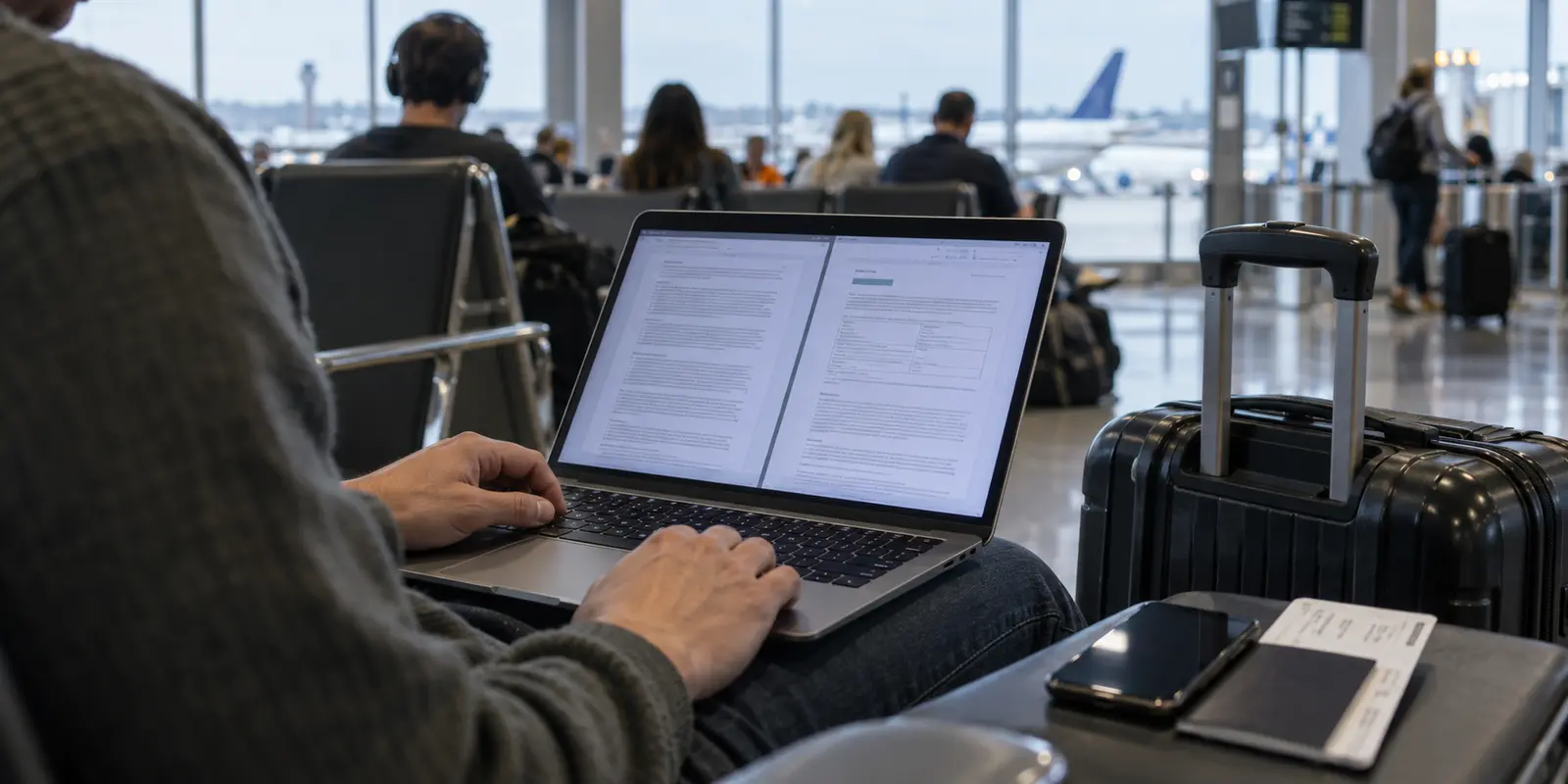 A traveler reviewing privacy-policy and audit documents on a laptop at an airport gate