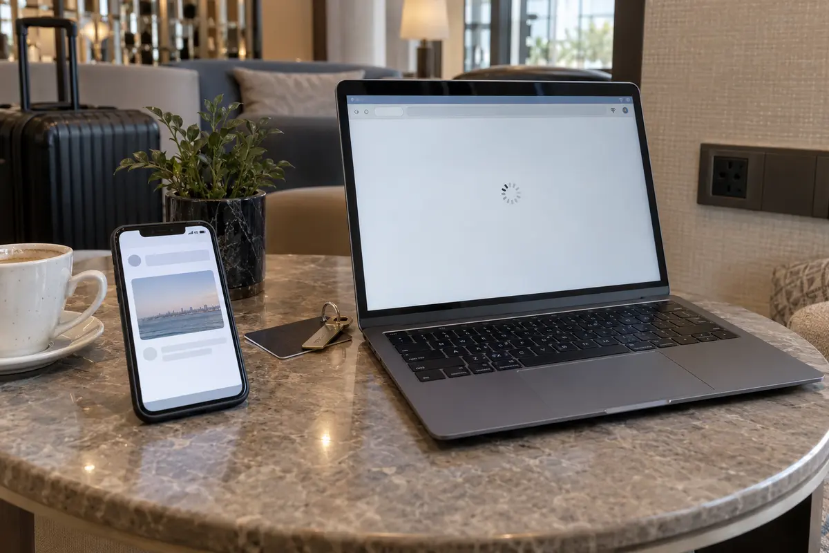 A phone loads over cellular data while a laptop stalls on hotel Wi-Fi