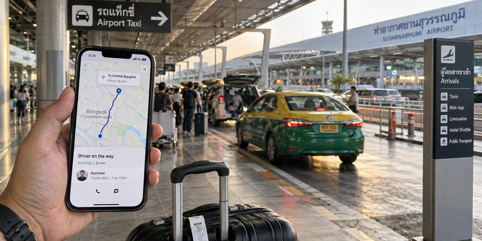 A traveler’s phone using local 5G for navigation and a ride pickup at Bangkok airport