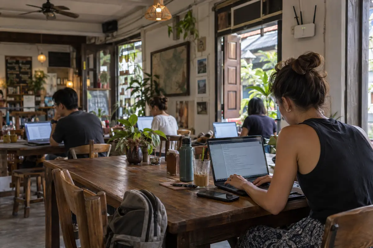 A traveler working on shared Wi-Fi in a Chiang Mai coworking café